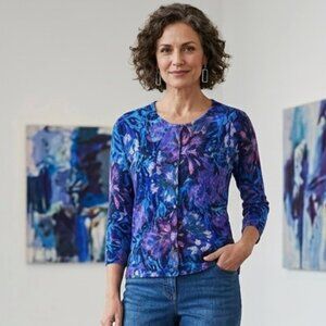 GARNET HILL 100% Merino Wool Floral Cardigan Small Cottagecore Boho Layering